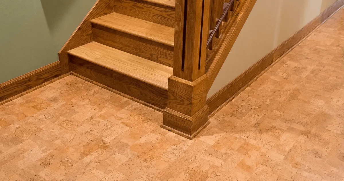 End of a staircase with cork flooring in Nashua, NH